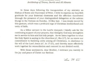 Letër mirënjohjeje e Papës drejtuar Fortlumturisë së Tij, Kryepiskopit të Tiranës, Durrësit dhe gjithë Shqipërisë, Imzot Joanit 17.06.2025