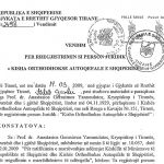 Vendim për rregjistrimin si person juridik “Kisha Orthodhokse Autoqefale e Shqipërisë”