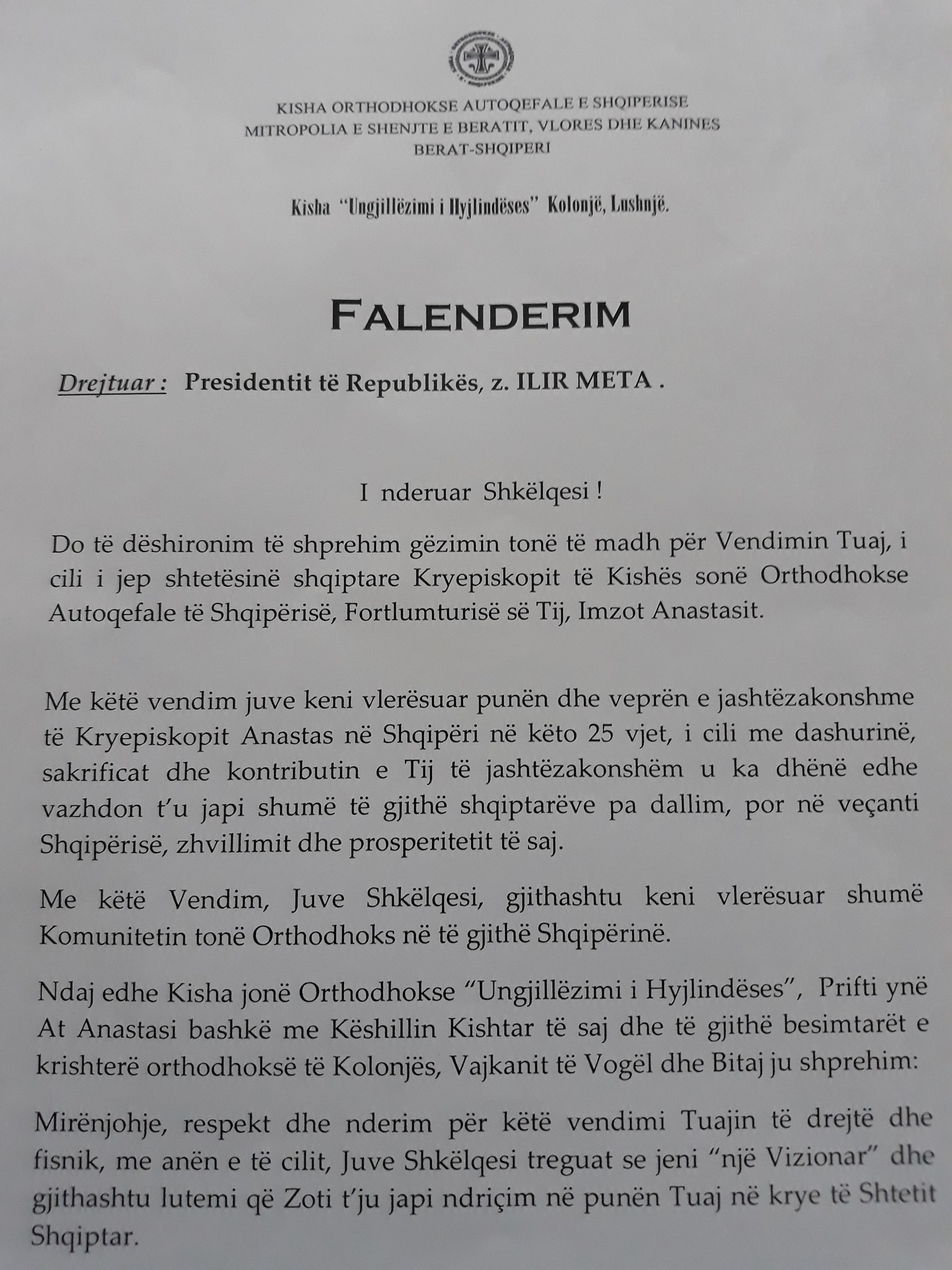 Mesazhe falenderimi drejtuar Presidentit të Republikës z. Ilir Meta për dhënien e nënshtetësisë Shqiptare Kryepiskopit Anastas