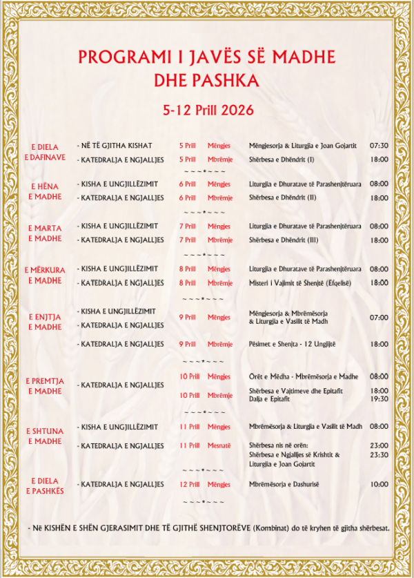 Programi i Javës së Madhe dhe Pashka, 5-12 Prill 2026